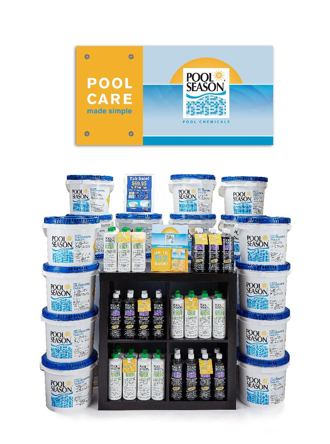 Pool Season pool care chemicals display at Poolmasters