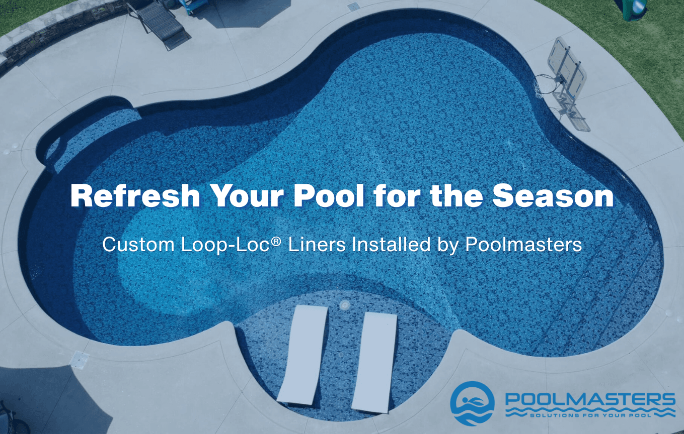 Aerial view of a backyard pool with a new liner. Refresh your pool for the season: custom Loop-Loc liners installed by Poolmasters.